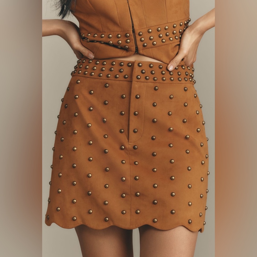Anthropologie Tan Studded Suede Mini Skirt